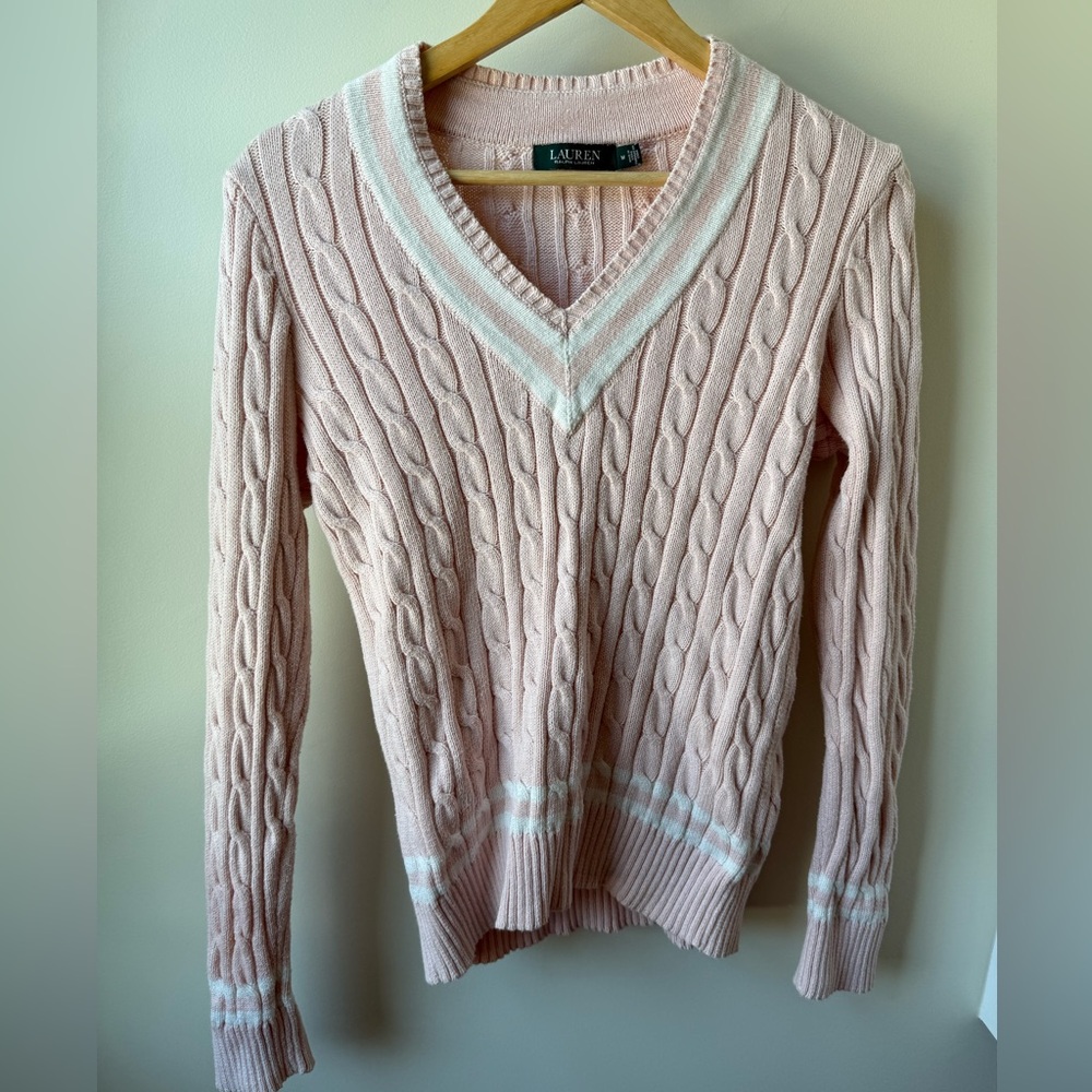 RALPH LAUREN Cable Knit Pink Cotton Tennis Sweater Preppy Academia Old Money‎ M